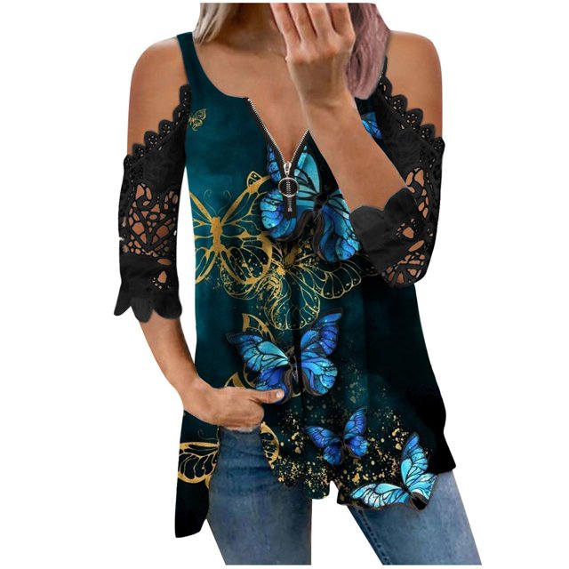 Mujeres Verano Cremallera Cuello en V Encaje Costura Manga corta Estampado sin tirantes Camiseta Tops Blusas Pompotops hkajfhjk464439