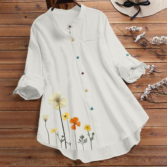 Polo Shirts for Women Women's Lapel Colored Button Printed Shirt Long Sleeved Top