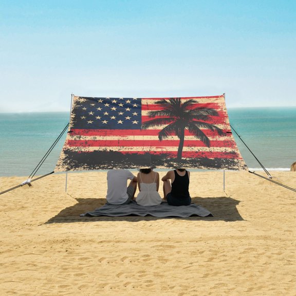 Beach Tent Beach Canopy 9.2x10.5Ft Beach Tent Sun Shelter Outdoor Canopy with Carry Bag for Camping, Backyard and Picnics American Flag with Palm Trees