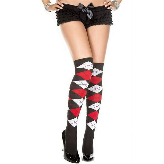 Music Legs 4630-BLK-WHI-RED Argyle Acrylic Thigh High Stockings, Black, White & Red