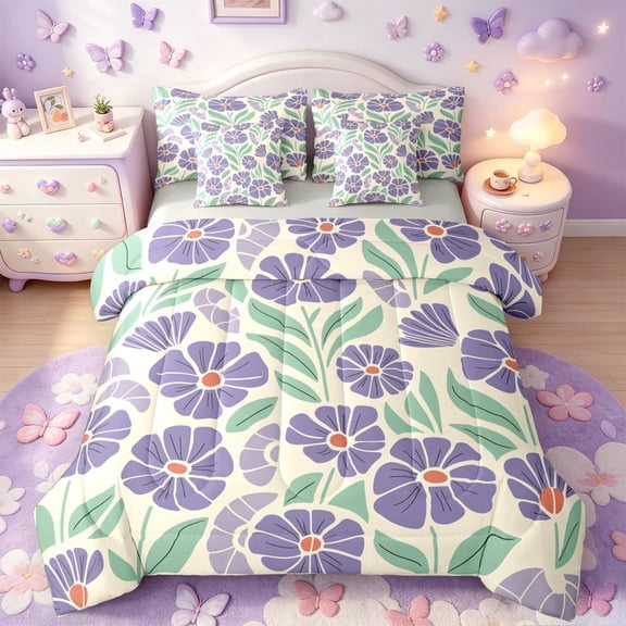 meiyoeat Purple Floral 7-Piece Twin Bedding For Girls,Cartoon Floral Print Bedding Comforter Set,Purple Cream,Light Gray Reversible