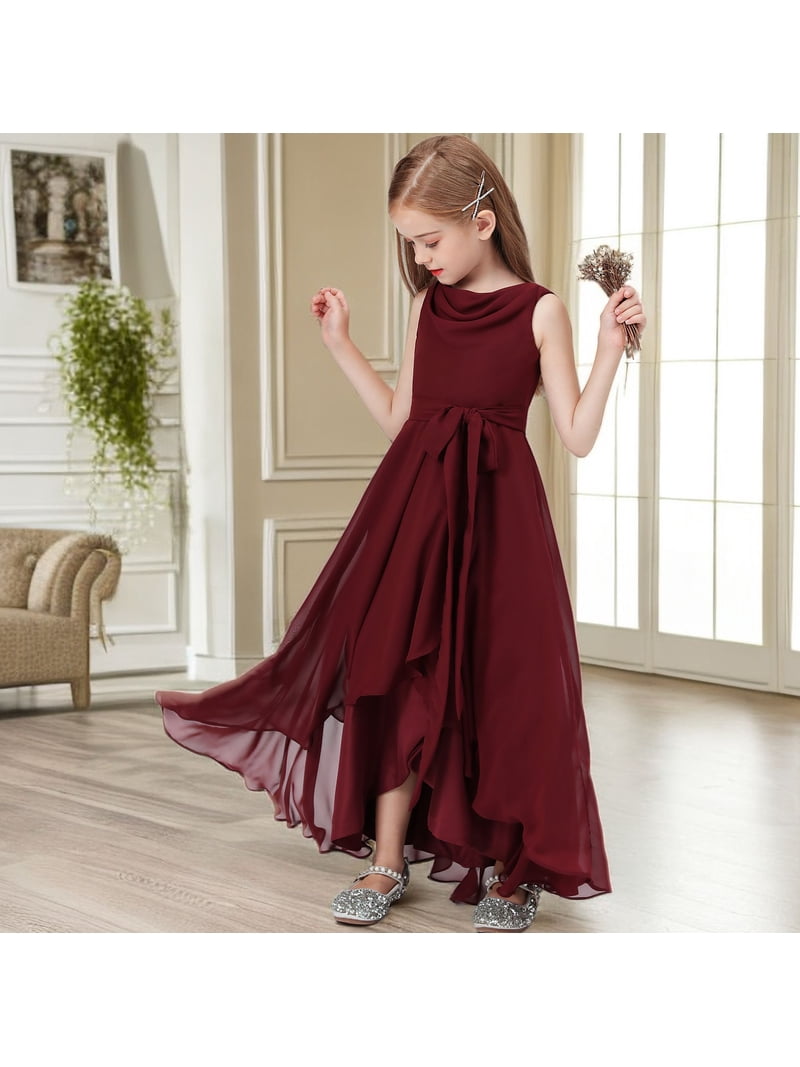 junior bridesmaid dresses tea length Chiffon Junior Bridesmaid Dress for Teens Asymmetrical Sleeveless Design  Adjustable Waistband Flower Girl Dress for Girls Formal Dress-Black-12Y