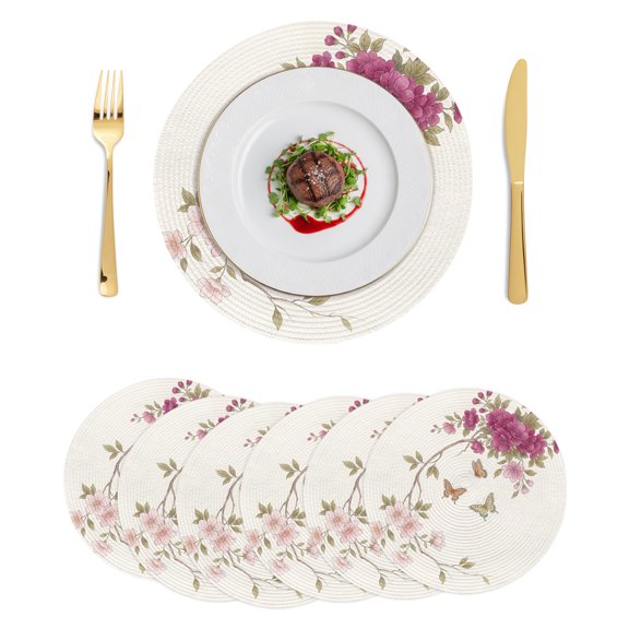 Round Placemats Retro Spring Floral 15 inch Set of 6 Table Mats for Dining Table Country Flowers Branch Butterfly Beige Heat Resistant Non-Slip Kitchen & Home Decorative Place Mat Set