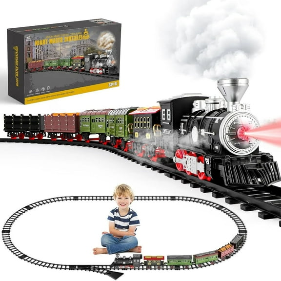 Electric Christmas Train Set with Steam Locomotive – Metal Alloy Model Train with LED Lights, Sounds & Rechargeable Battery, Classic Red-Green Railway Decoration for Under Christmas Tree, Xmas Gift