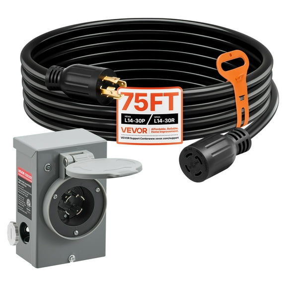 VEVOR 30 Amp Generator Cord and Power Inlet Box,75 FT, 125/250V NEMA L14-30P to L14-30R Heavy Duty Extension Power Cord, SJTW 10 Gauge 7500W, Pre-Drilled Inlet Box, for Generator to House, ETL Listed