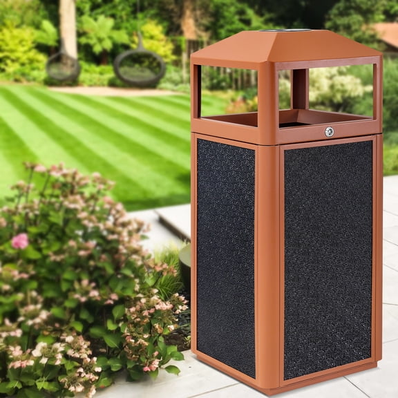 RIGMEC Trash Can Outdoor Steel Top Tray, 15 GAL Commercial Garbage Enclosure with Locking Lid Heavy Duty Industrial Yard Garage Waste Container,Brown