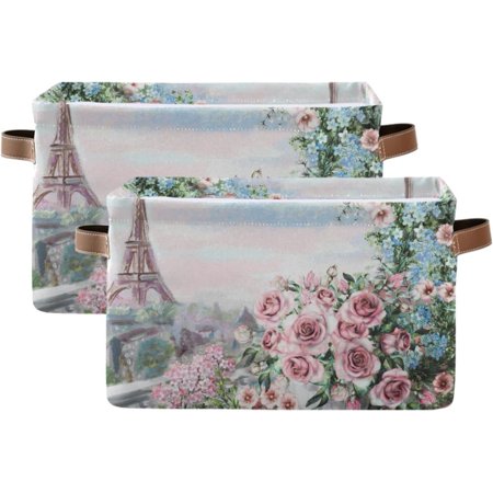Shukong Paris Eiffel Tower with Spring Flowers Rose and Leaves Storage Bins, 2 Pcs Decor Collapsible Canvas Storage Basket for Shelves Closet