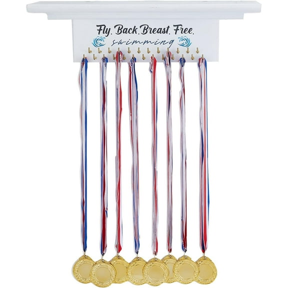 Swimming Wooden Medal Trophy Hanger Medal Holder Display Trophy Shelf Organizer Rack with 25 Steel Hooks Wall Mount Medal Hanger for Race Medals Trophies