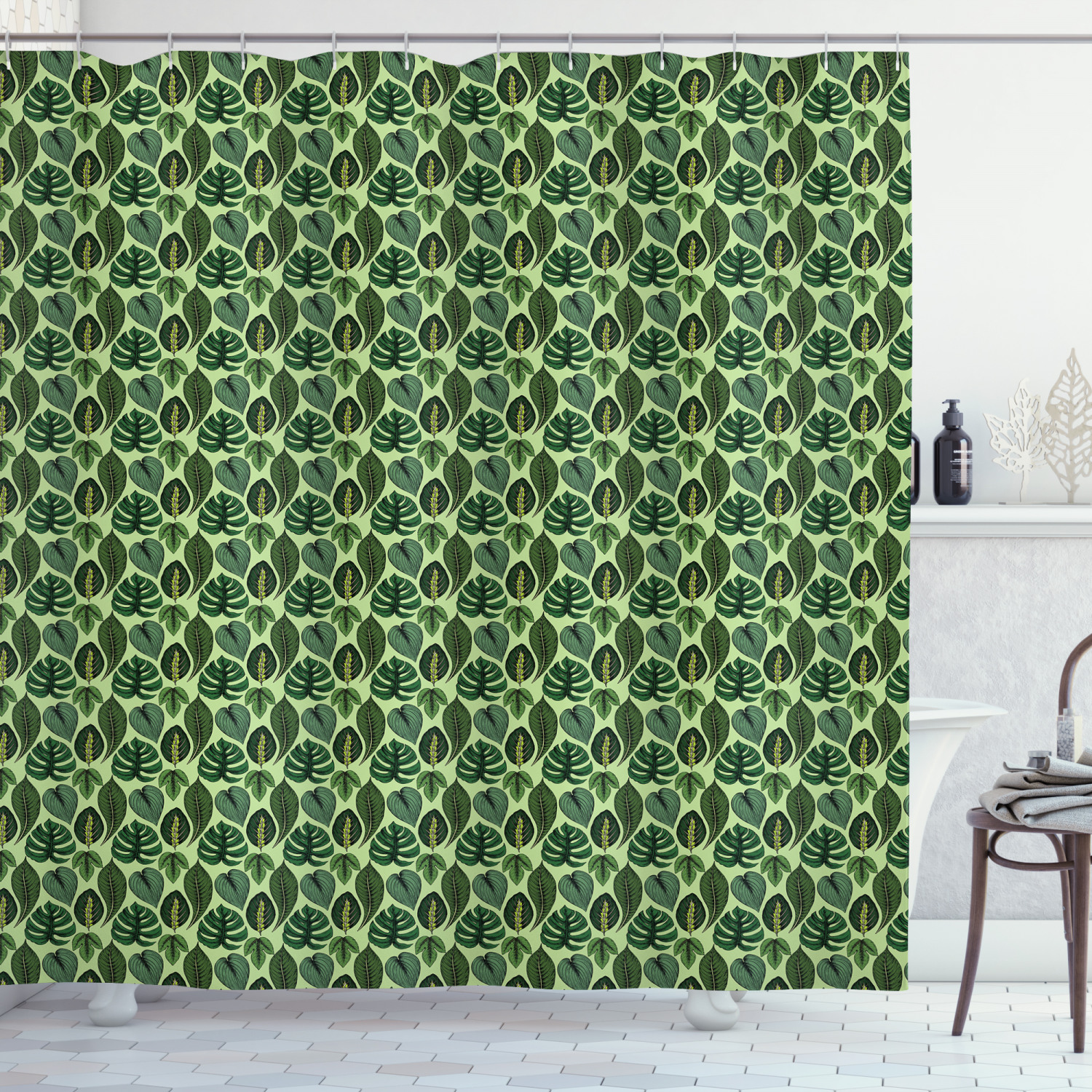 Exotic Shower Curtain, Composition of Hand Drawn Tropical Palm Leaves