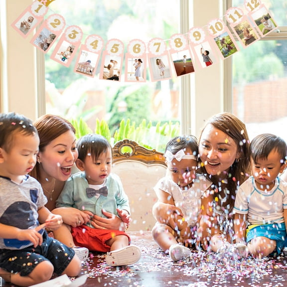 COMPUKAS 1 Set Pink Paper Baby Photo Banner for First Year Milestones