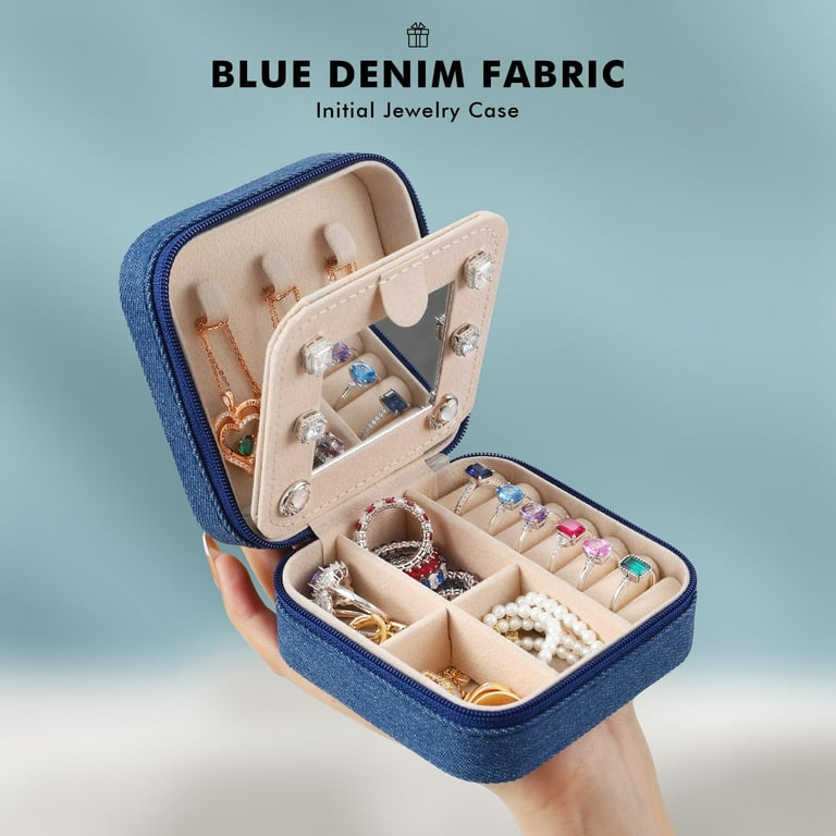 DoubleFill Travel Jewelry Box For Bride - Portable Blue PU Leather Organizer, Perfect Bridal Shower Gift (6.3x4.3x2 Inches)