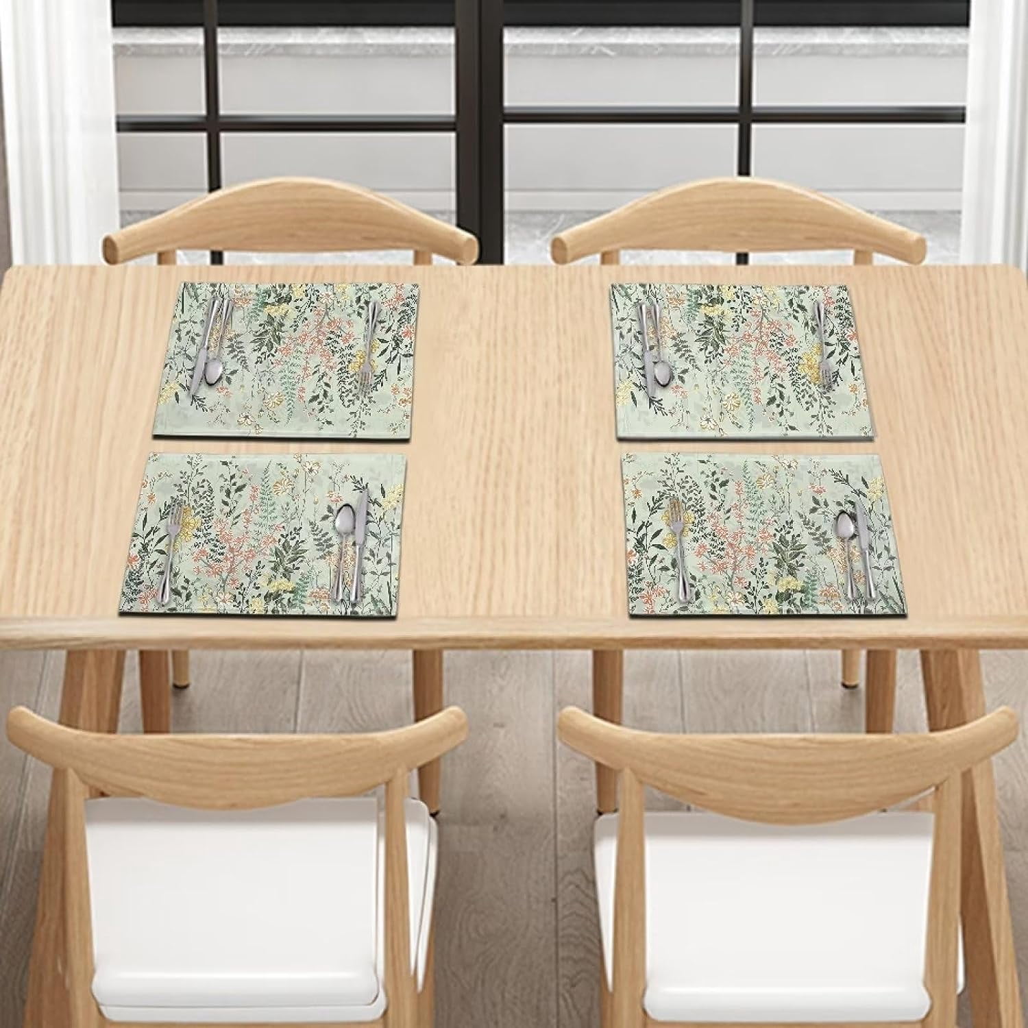 4 PCS Washable Tablemats for Home Farmhouse, Easy to Clean Foldable Heat Resistant linen Weave Rectangle Table Mats for Home Ornaments, Flower Leaf Green