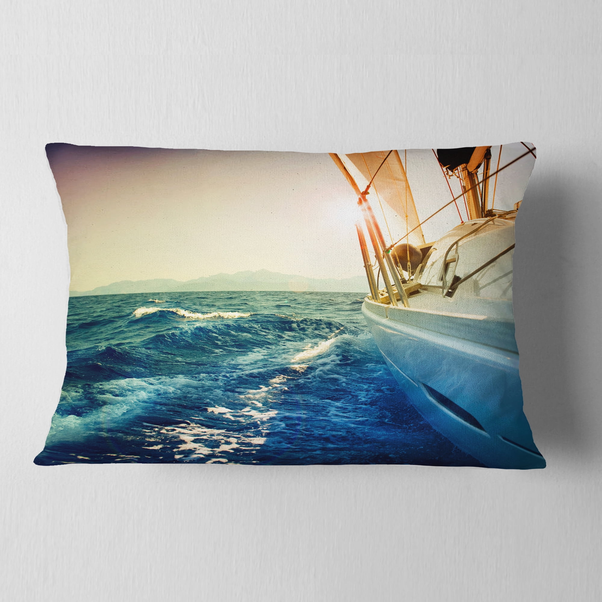 Designart Sepia toned Yacht Sailing in Sea - Seashore Throw Pillow - 12x20