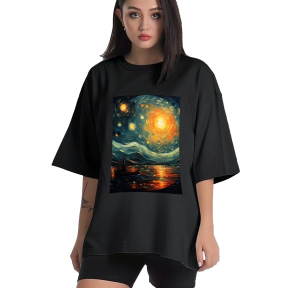 Plus Size Shirt for Women Black Tops for Women Short Sleeves Shirt for Women Night Sky T Shirt Crewneck Shirt for Women XS