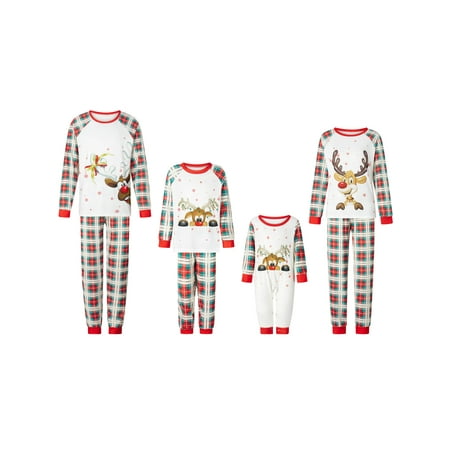 

Family Matching Christmas Pajamas Set Reindeer Print Long Sleeve Tops and Plaid Pants Sleepwear Set for Kids Adults