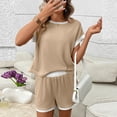 thumbnail image 4 of Workout Outfits for Women Women's Casual Knit Shorts Set Solid Color Round-Neck Short Sleeve Blouse Short Pants Outfits Loungewear Suit Khaki S, 4 of 7