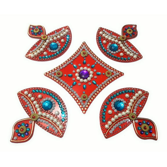 FineArt Handcrafted Decorative Diwali/Navratri Rangoli Set - Multicolor Jewel Stone/Kundan Decorations On Acrylic Base - 5 Piece Set kundan Rangoli