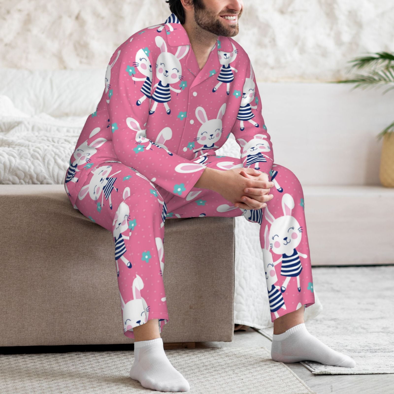 【MOODMOON】Balloon Flower Long Sleeve Pajama Set Mens Pajamas Set - Feminine Pink Cute Rabbit Flower Soft