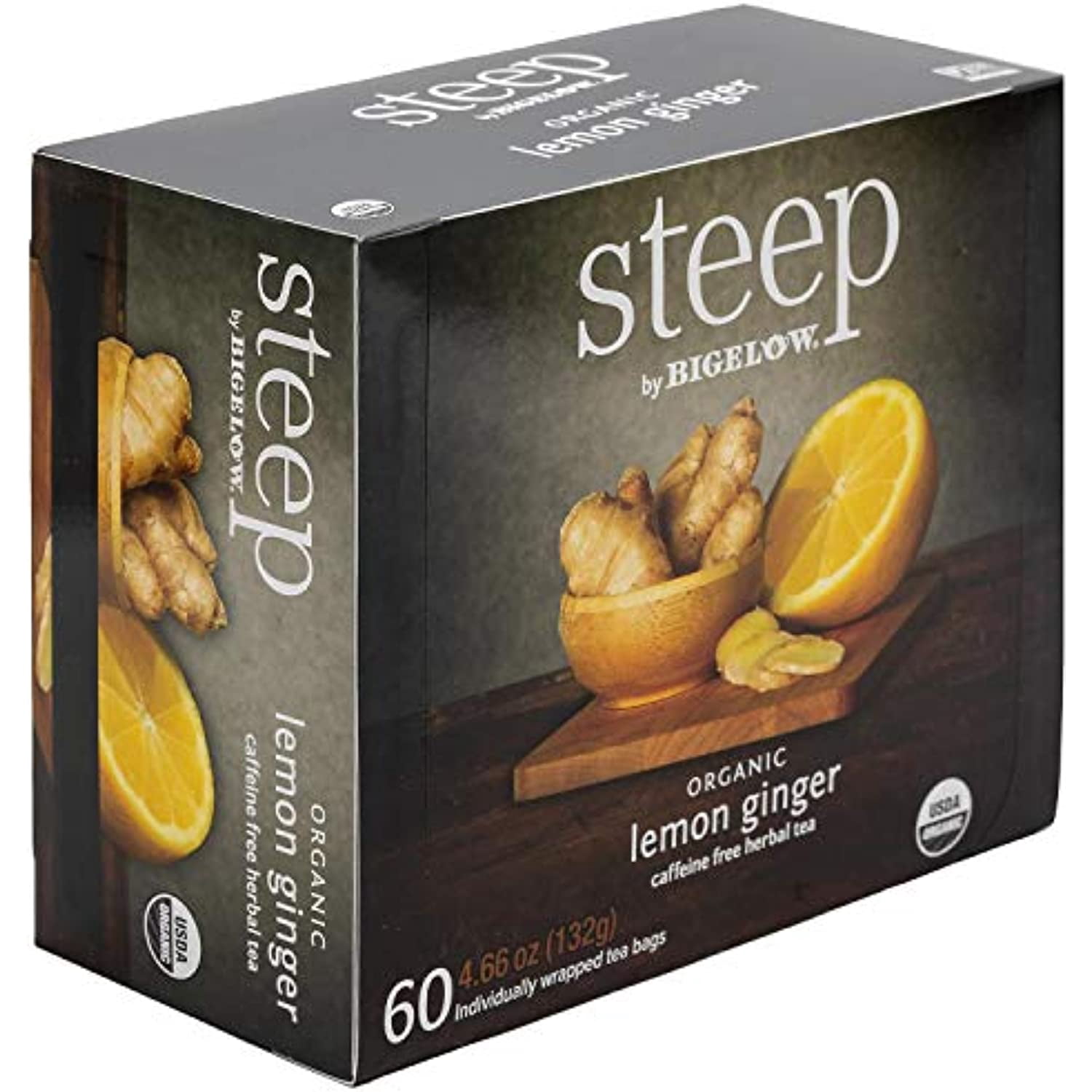 Steep By Bigelow Organic Lemon Ginger Caffeine Free Herbal Tea 60 Count (4.66 Ounces, 132 Grams)