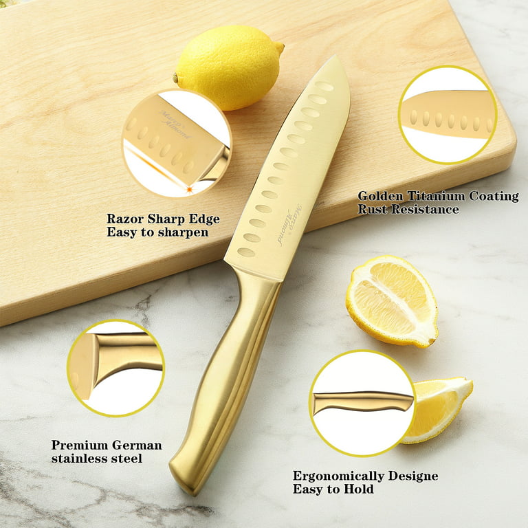 Gold Knife Set with Block Self Sharpening - 14 PC Luxurious Titanium Coated  Gold and Off-White Kitchen Knife Set and White Knife Block with Sharpener