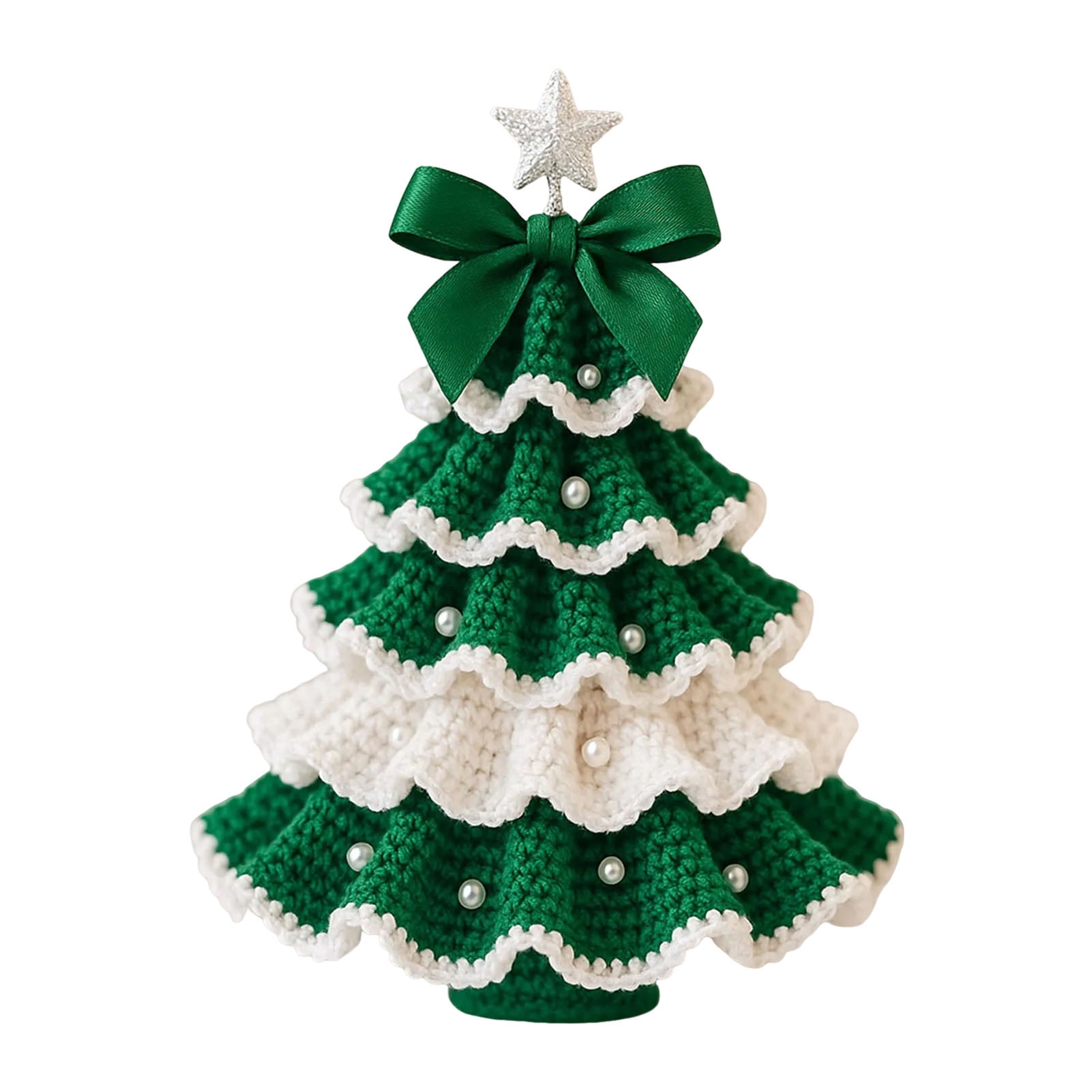 OIUR DIY Crochet Christmas Tree Kit Small Xmas Tree Craft Kit with Bow And Faux Pearl Handmade Holiday Decoration for Beginners