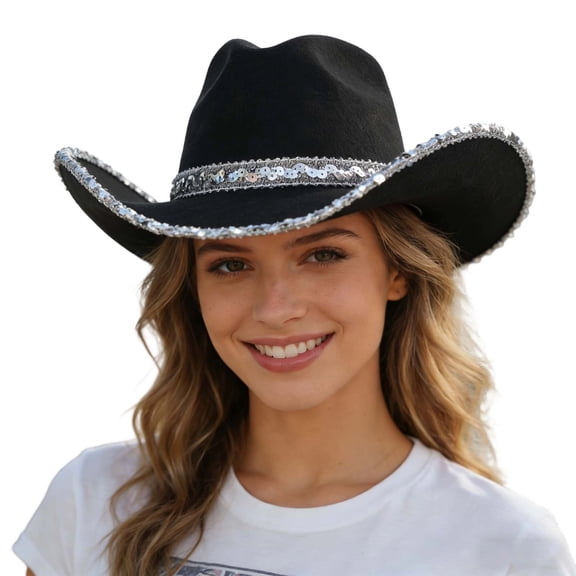 Ticikt Western Cowboy Hat for Women and Men Wide Brim Glitter Cowboy Cowgirl Hat with Rhinestone Fedora Hats,Color:Black