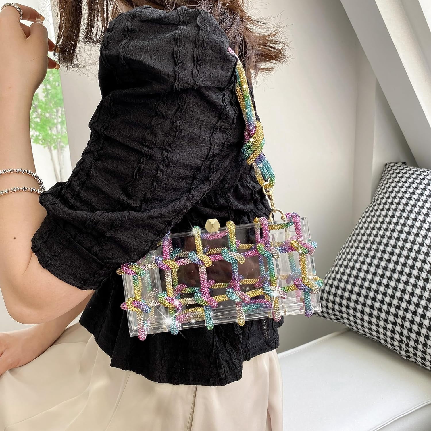 SQDWYGG Clear Acrylic Purse Bag with Rhinestones Clutch Purse Evening Clutches for Wedding and Party,1,1,1,Multicolour,Acrylic,Multi-color,Top-Handle Bag,Small