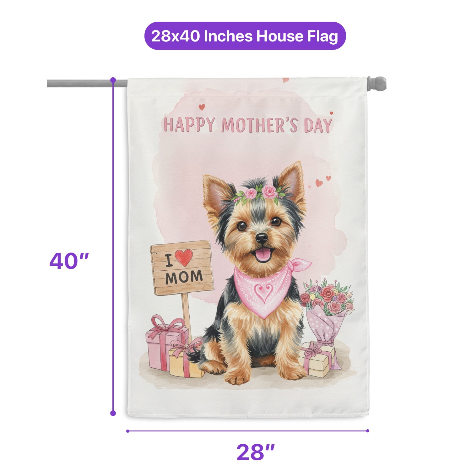 Happy Mother's Day Yorkshire Terrier Love Dog Mom Heart Flower House Flag 28x40in Double Sided Yorkie Dog Lover Gifts Outdoor Decor - 12004