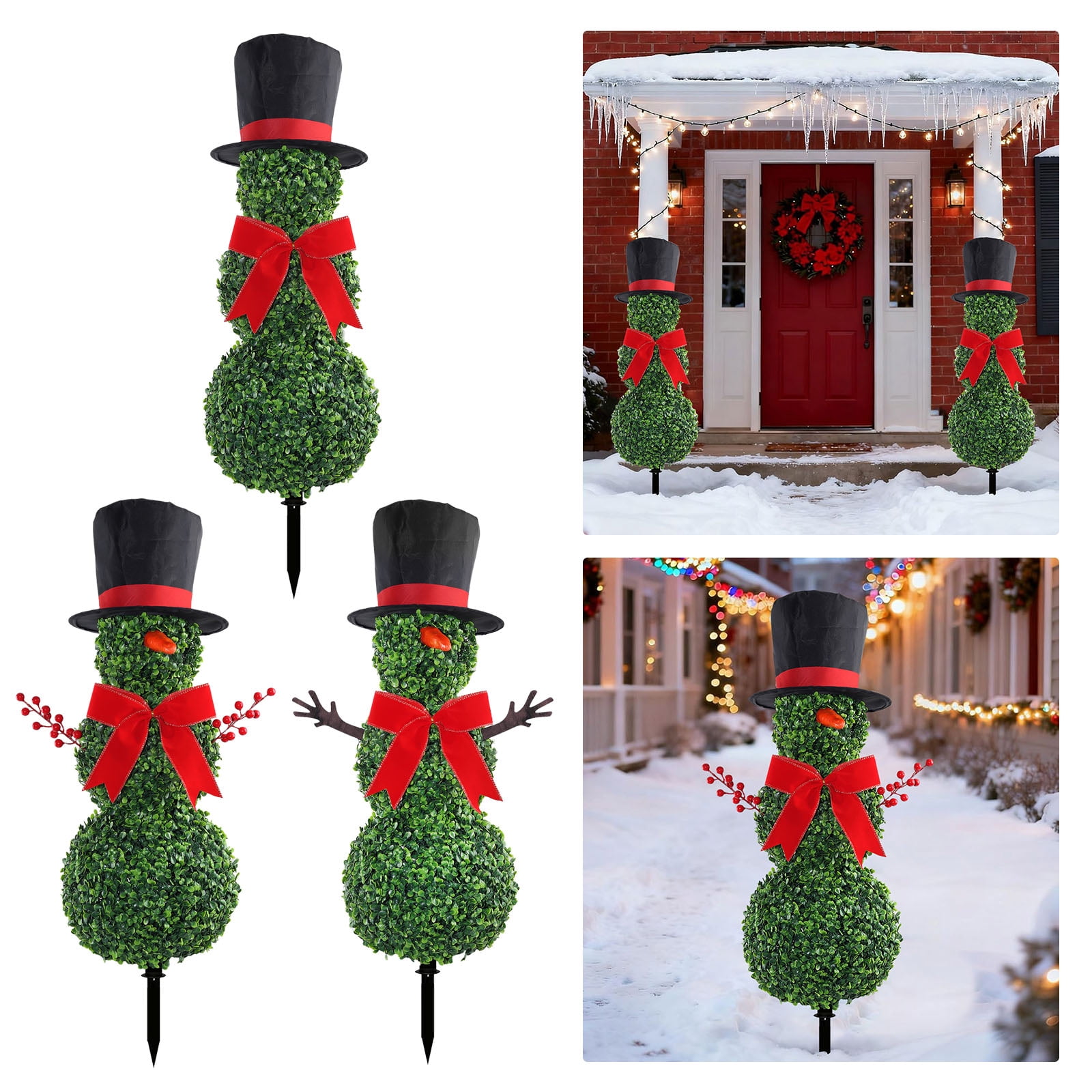 CY5O5ee Christmas Snowman Topiary Trees 31.5'' Boxwood Topiaries with Red Bow Tie Santa Hat 3D Yard Signs with Stakes for Christmas Indoor Outdoor Home Garden Porch Decor