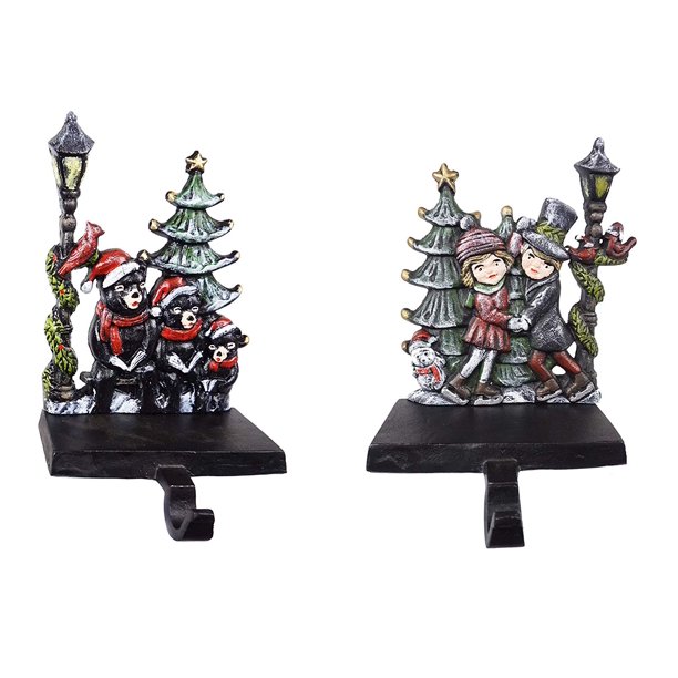 LuLu Decor, Set of 2 Cast Iron Stocking Holders, Bear & Kids Dancing by