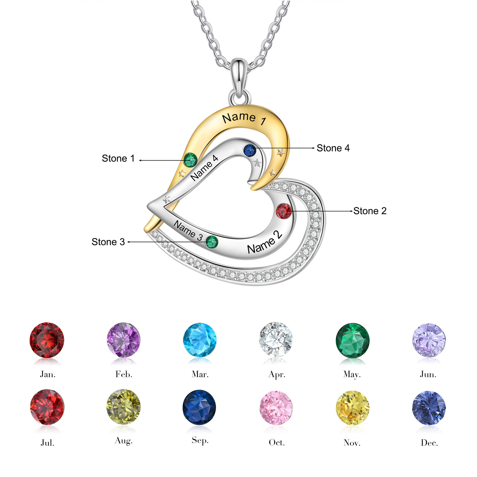 Mementos Personalized  Brass Family Necklace for Women (Mother) with 4 Birthstones and Names