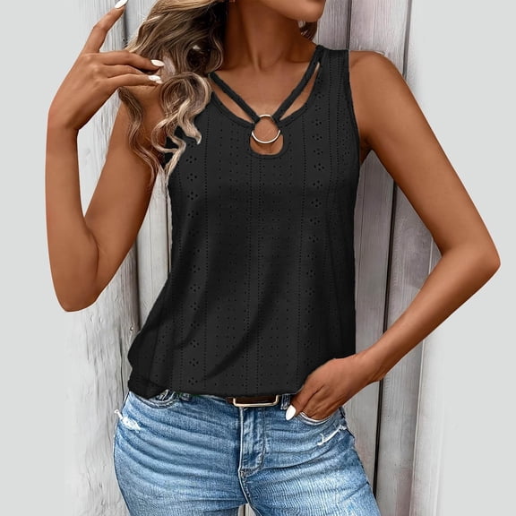 Pxiakgy Women's Sleeveless Eyelet V Neck Tank Top Cutout Keyhole Neck Casual T Shirts Dressy Trendy Cute Blouses Comfy Camisole Tunic Tops Eyelet Tops for Women,Mesh Summer Tops Flowy Cami Shirts L