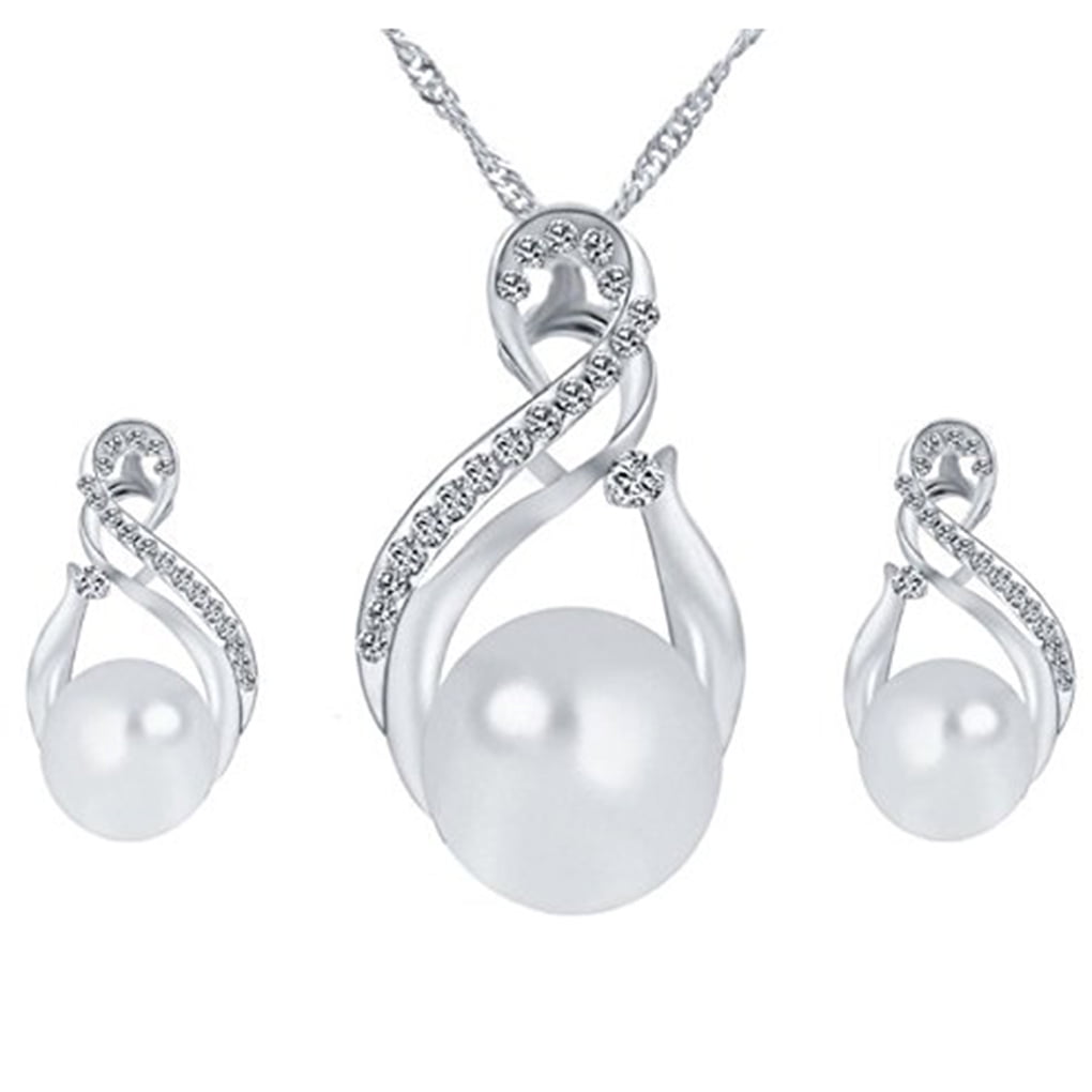 Round Women Rhinestone Stud Earring Necklace Set Alloy Earring Pendant Girl Jewelry Birthday Holiday Gift