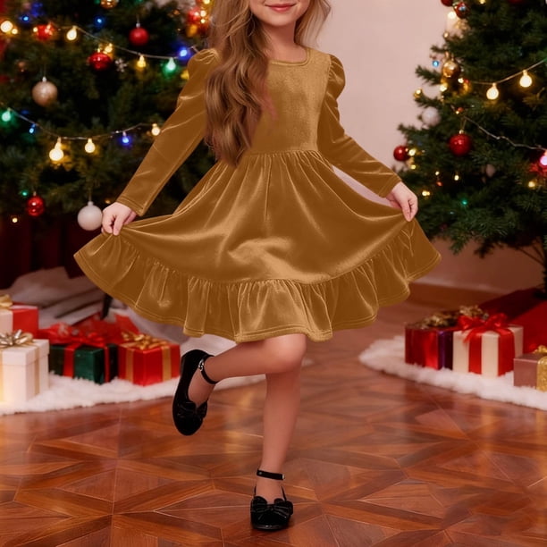 Vestido de princesa de terciopelo dorado de invierno para niñas, vestido elegante para niñas, vestido de manga larga para niñas, falda de poliéster para niñas
