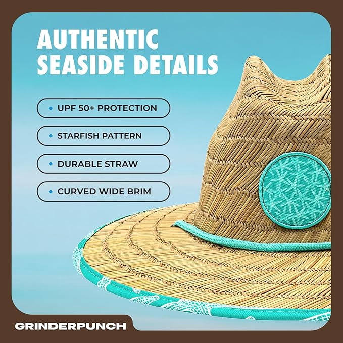 Grinderpunch Lifeguard Hat Mens Straw Sun Hat for Beach, Outdoor, and Travel | UPF 50+ Sun Protection | Wide Brim Straw Beach Hat | Classic Sun Hat for Men and Women ( Teal Starfish )