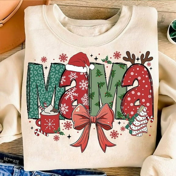 Christmas Mama Coquette Sweatshirt, Mama Claus Holiday Sweatshirt, Cute Xmas Tree Cake Pullover, Candy Cane Hot Cocoa Vibes