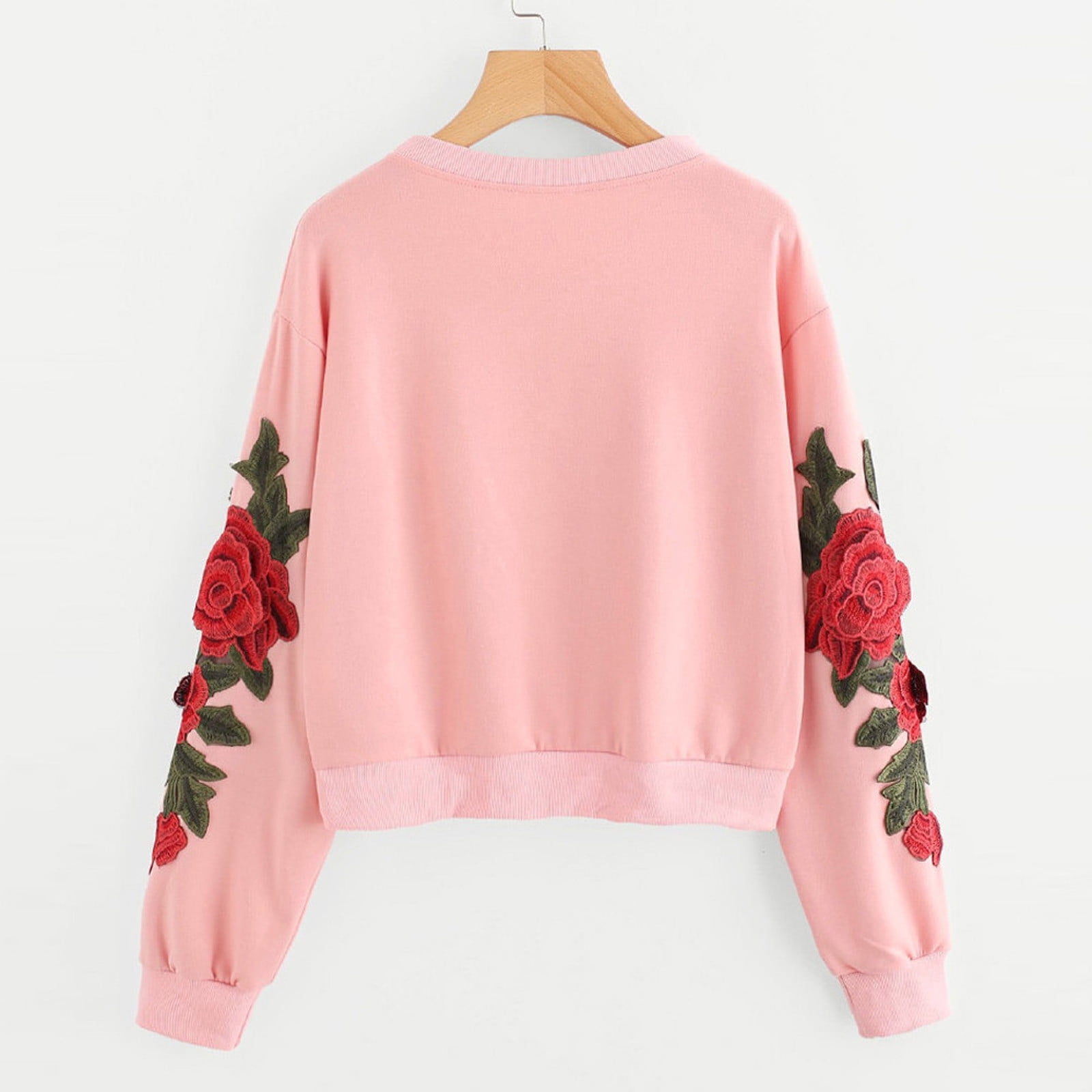 Embroidered rose applique sleeve hoodie cheap