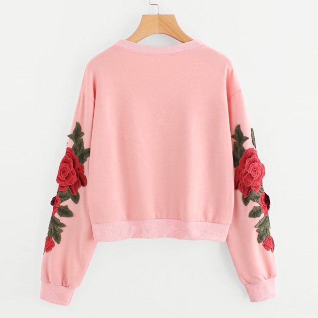 Chandail en Molleton à Manches Longues pour Femmes avec Broderie Rose, Col Rond, Pull-Over