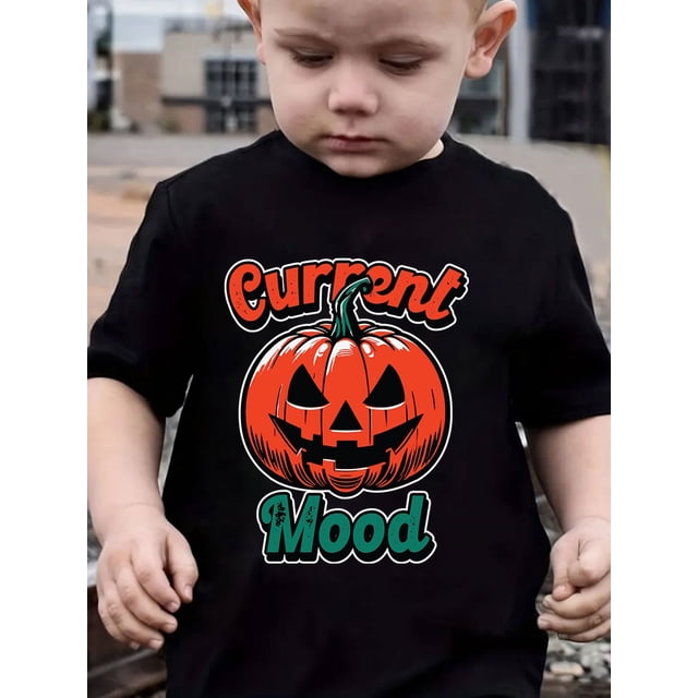 Halloween T-shirt - Breathable Short Sleeve Round Neck Tee with "Current Mood" & Smiling Pumpkin Design - Casual Summer & Halloween Party Outfit - Cute Spooky Face & Green Leaf