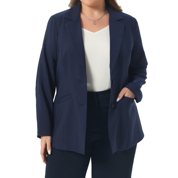 Agnes Orinda Women's Plus Size Fall Workwear Notched Lapel Button Down Office Blazer 1X Navy Blue