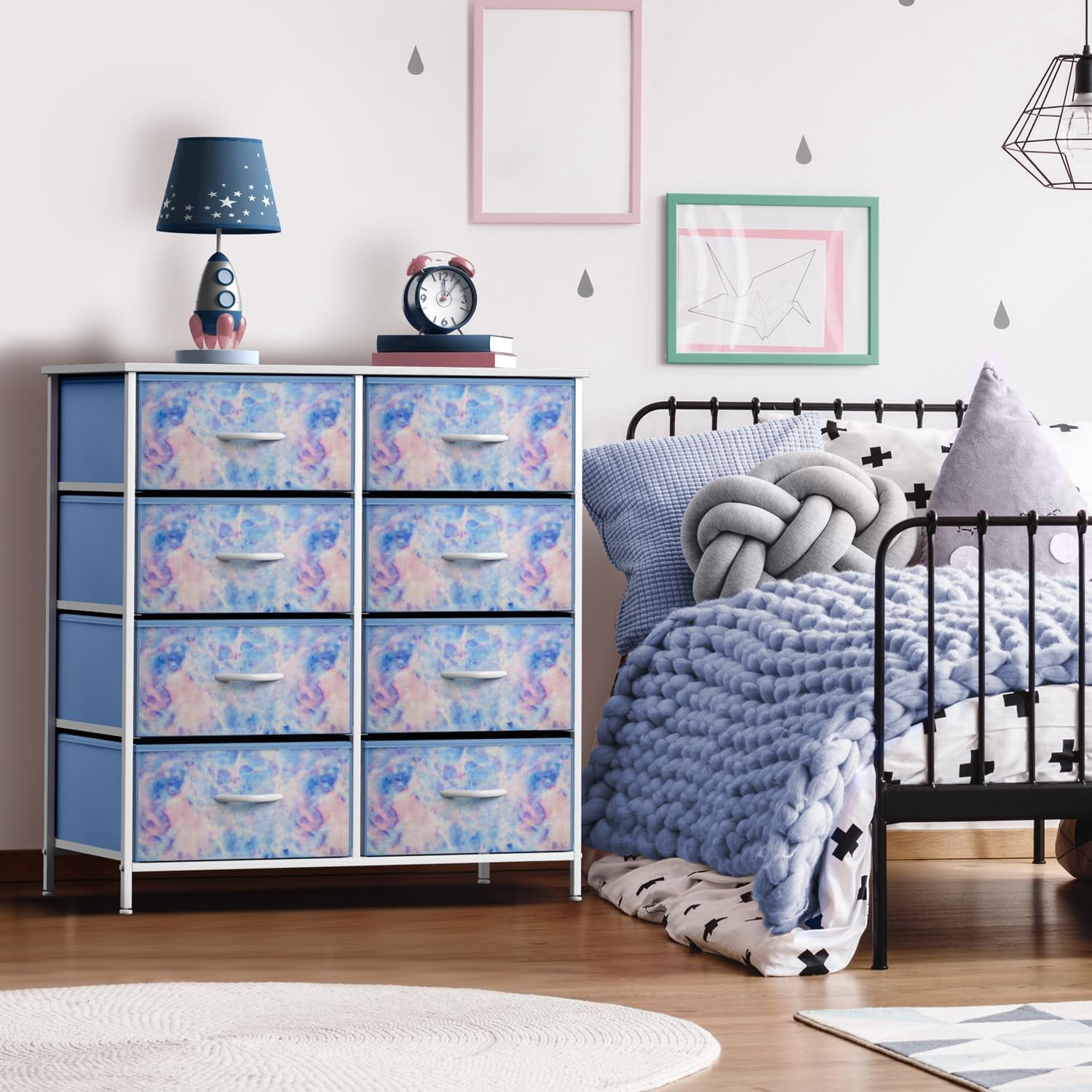 Sorbus Kids 8-Drawer Dresser Storage Tower, Steel Frame, Wood Top, Tie-Dye Blue