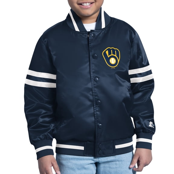 Youth Starter Navy Milwaukee Brewers Team Logo Full-Snap Satin Varsity Jacket