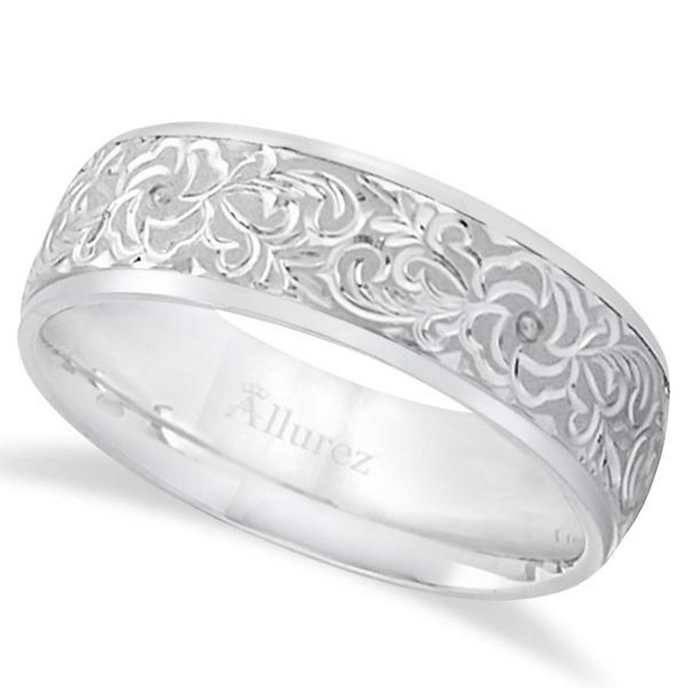 Hand-Engraved Flower Wedding Ring Wide 