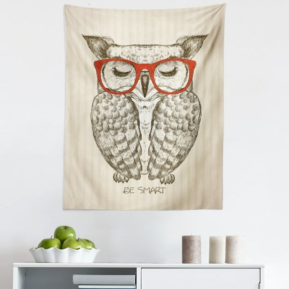 Nerdy Tapestry, Vintage Sketch Owl with Be Smart Lettering on Vertical Line Backdrop, Fabric Wall Hanging Decor for Bedroom Living Room Dorm, 5 Sizes, Warm Taupe Brown, by Ambesonne
