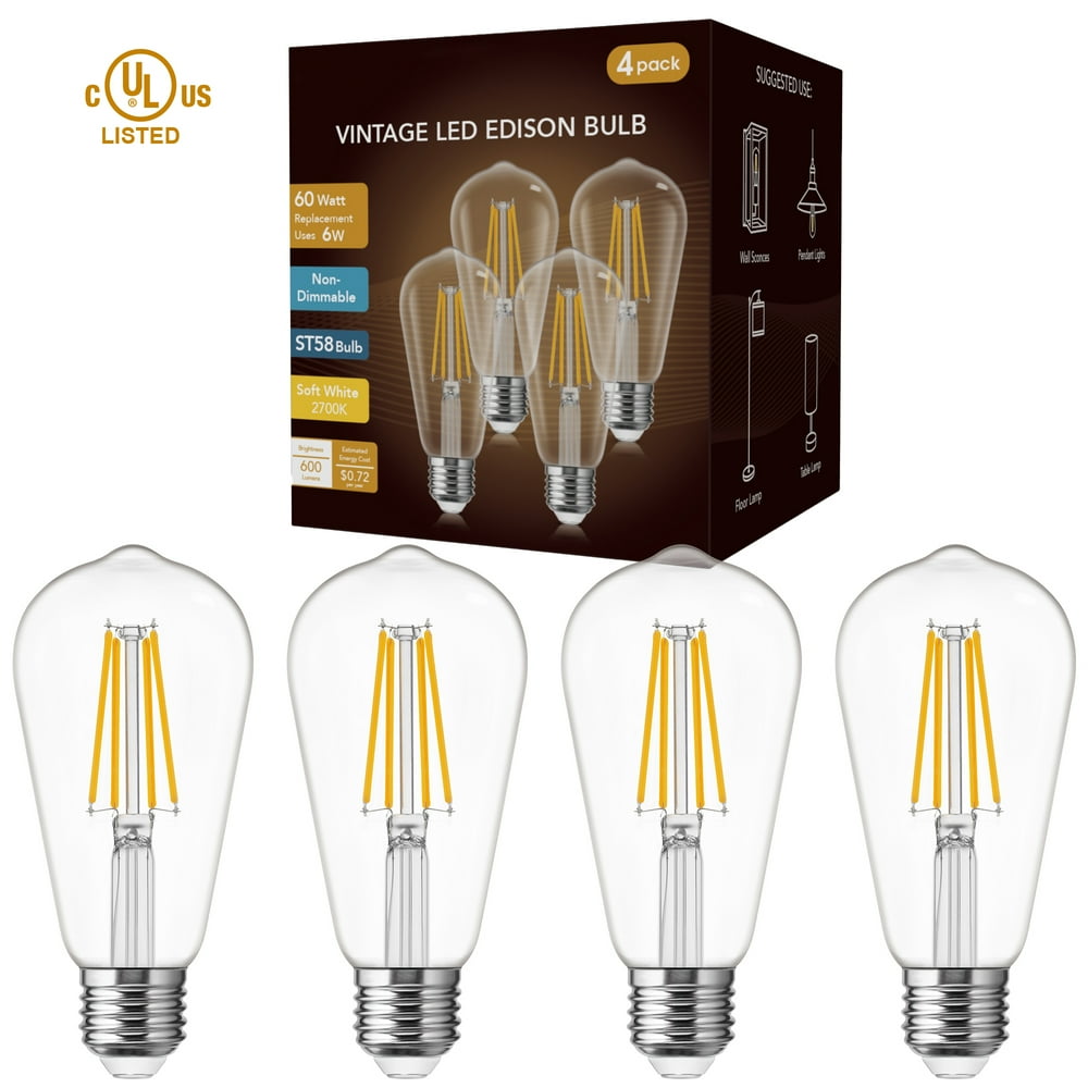 ST58 Vintage LED Edison Light Bulbs 60W Equivalent Warm White 2700K, 6W