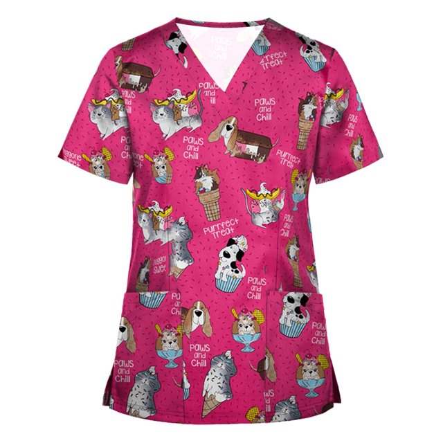 Tops de trabajo para mujer SCZ manga corta cuello en V rosa fuerte Talla 2XL