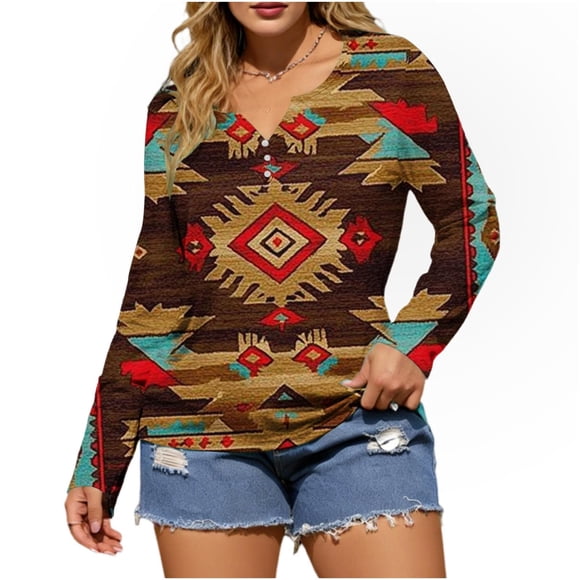 Women's Casual Vintage Western Print Long Sleeve T Shirt, Loose Fit Round Neck Boho Blouse, Lightweight Soft Tops for Everyday Wear, Spring Outfits, Relaxed Vacation Tee