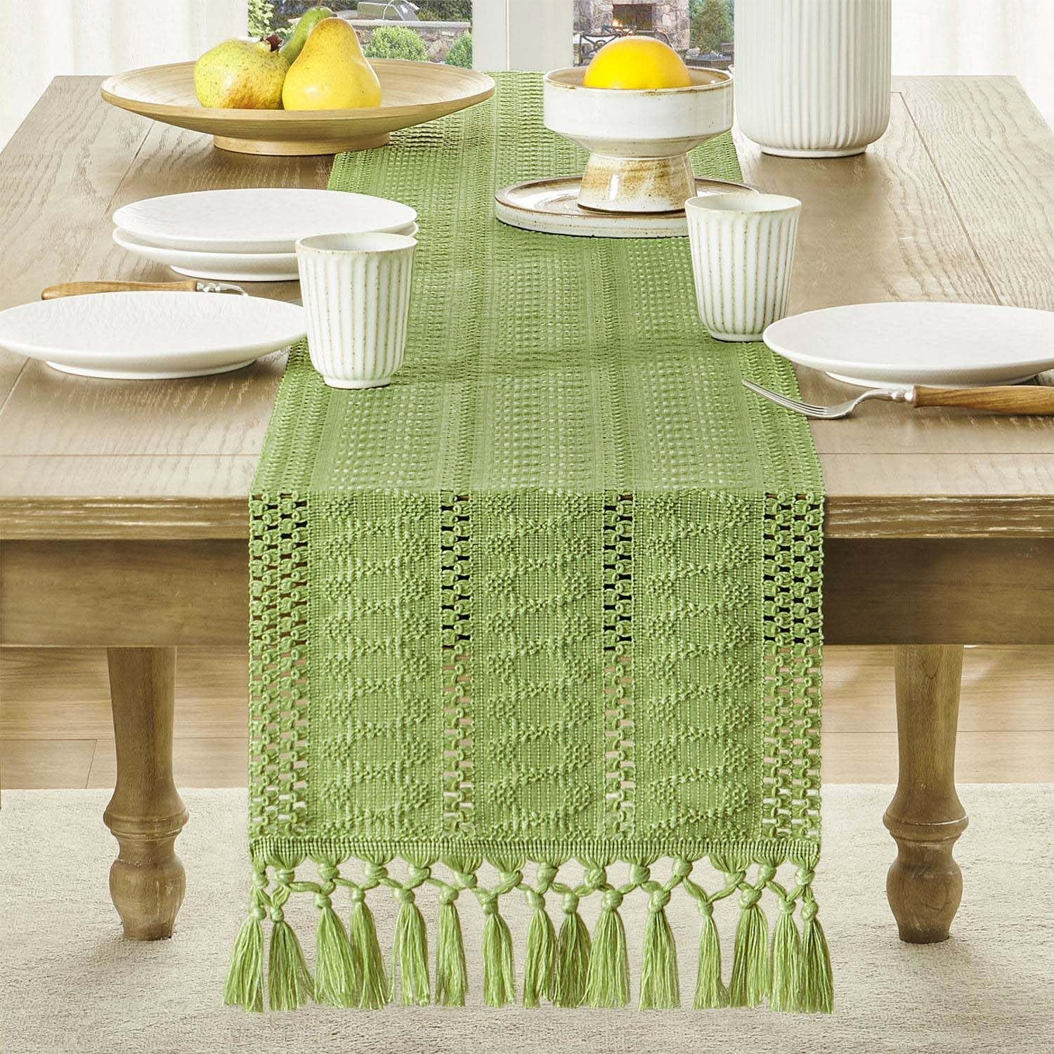 Boho Table Runner, Macrame Style Ivory Table Runners Farmhouse Woven Home Decor, 12x64 Inch, Green