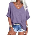 thumbnail image 3 of Summer Rolled Short Sleeve Women V-neck Solid Color Casual Loose T-shirt Tops, 3 of 7