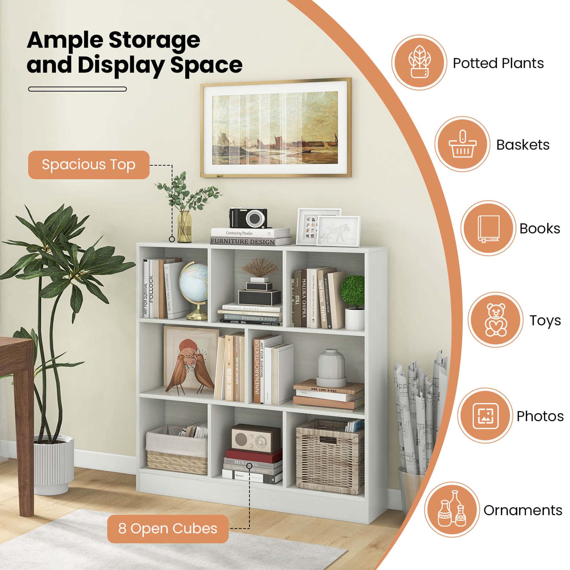 Costway 8-Cube Bookcase 41" Wooden Toy Storage Organizer for Kids Bookshelf White